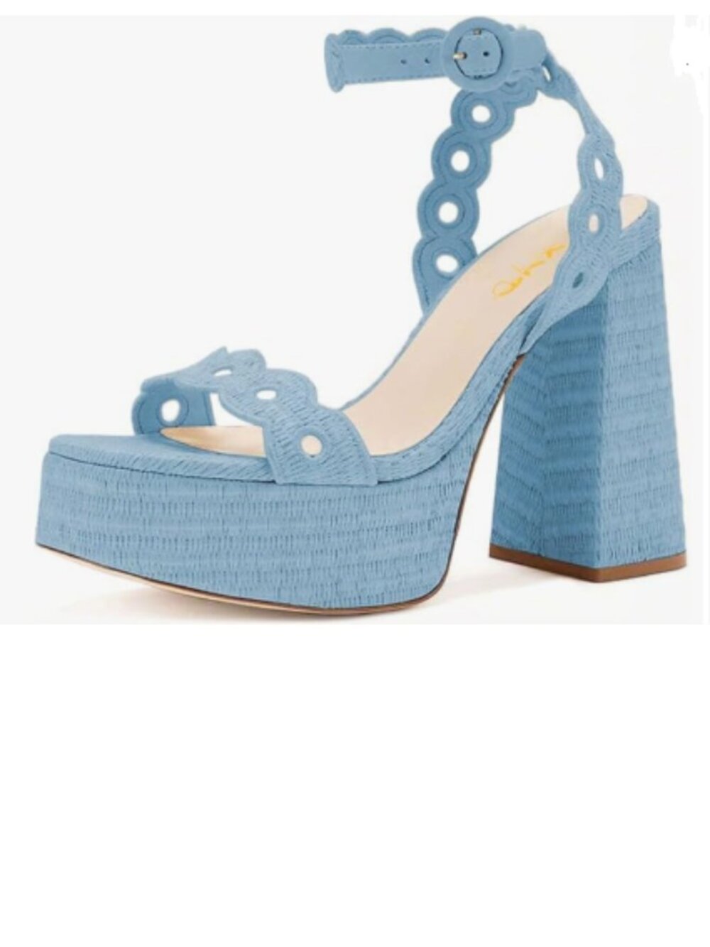 XYD Blue Platform Eyelet Open Toe Sandal High Heel Block Sandal Ankle Strap Shoe